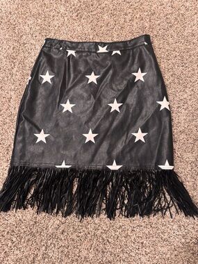 Nasty Gal Black Faux Leather Mini Skirt with White Star Print & Fringe